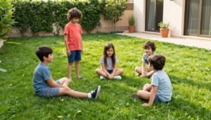 أطفال يلعبون على ثيل طبيعي في حديقة منزل كويتي أطفال يلعبون على ثيل طبيعي في حديقة منزل كويتي