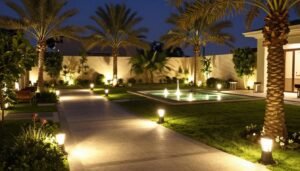 الإضاءة الخارجية في الحدائق المنزلية بالكويت ليلاً