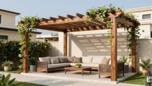 برجولات خشبية ومظلات في حدائق منزلية بالكويت