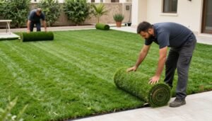 تركيب العشب الطبيعي في حديقة بالفروانية