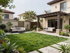 تصميم حديقة منزلية مع جلسات خارجية ومساحات خضراء تصميم حديقة منزلية مع جلسات خارجية ومساحات خضراء