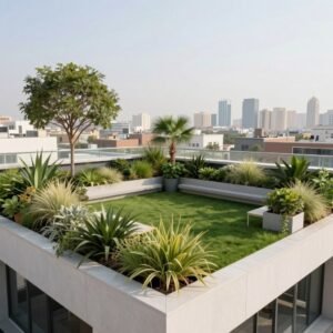 حديقة سطح مع تيل طبيعي ونباتات في أصص حديقة سطح مع تيل طبيعي ونباتات في أصص