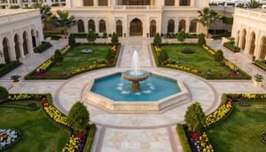 حديقة قصر فخمة مع نافورة ومساحات خضراء من تصميم دار الروضة حديقة قصر فخمة مع نافورة ومساحات خضراء من تصميم دار الروضة