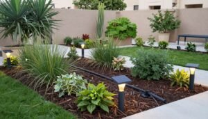 حديقة مستدامة مع نباتات محلية ونظام ري موفر للماء