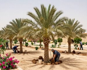 زراعة أشجار النخيل والنباتات الاستوائية في حديقة كويتية زراعة أشجار النخيل والنباتات الاستوائية في حديقة كويتية