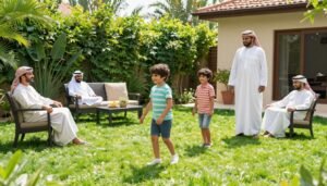 عائلة كويتية تستمتع بحديقة منزلية مع تيل طبيعي عائلة كويتية تستمتع بحديقة منزلية مع تيل طبيعي