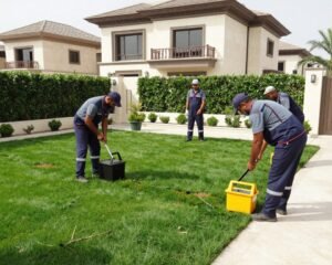 فريق عمل دار الروضة أثناء تركيب الثيل الطبيعي فريق عمل دار الروضة أثناء تركيب الثيل الطبيعي