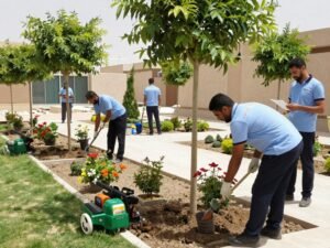 فريق عمل دار الروضة أثناء تنسيق حديقة في الكويت فريق عمل دار الروضة أثناء تنسيق حديقة في الكويت