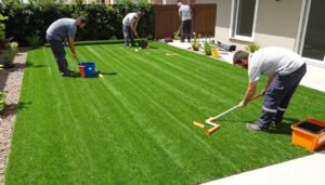 فريق عمل محترف يقوم بتركيب الثيل الصناعي في حديقة فريق عمل محترف يقوم بتركيب الثيل الصناعي في حديقة