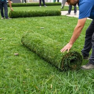 مرحلة فرش وتركيب الثيل الطبيعي مرحلة فرش وتركيب الثيل الطبيعي