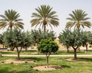 أشجار متنوعة مزروعة في حديقة بصباح الأحمد