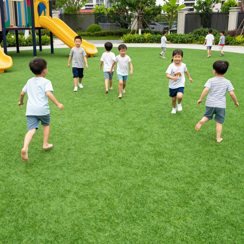 أطفال يلعبون بأمان على الثيل الطبيعي