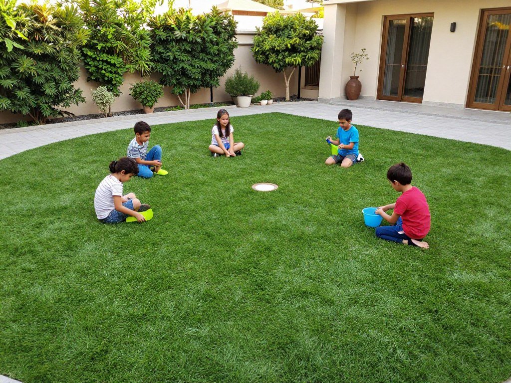 أطفال يلعبون على عشب طبيعي في حديقة منزل كويتي