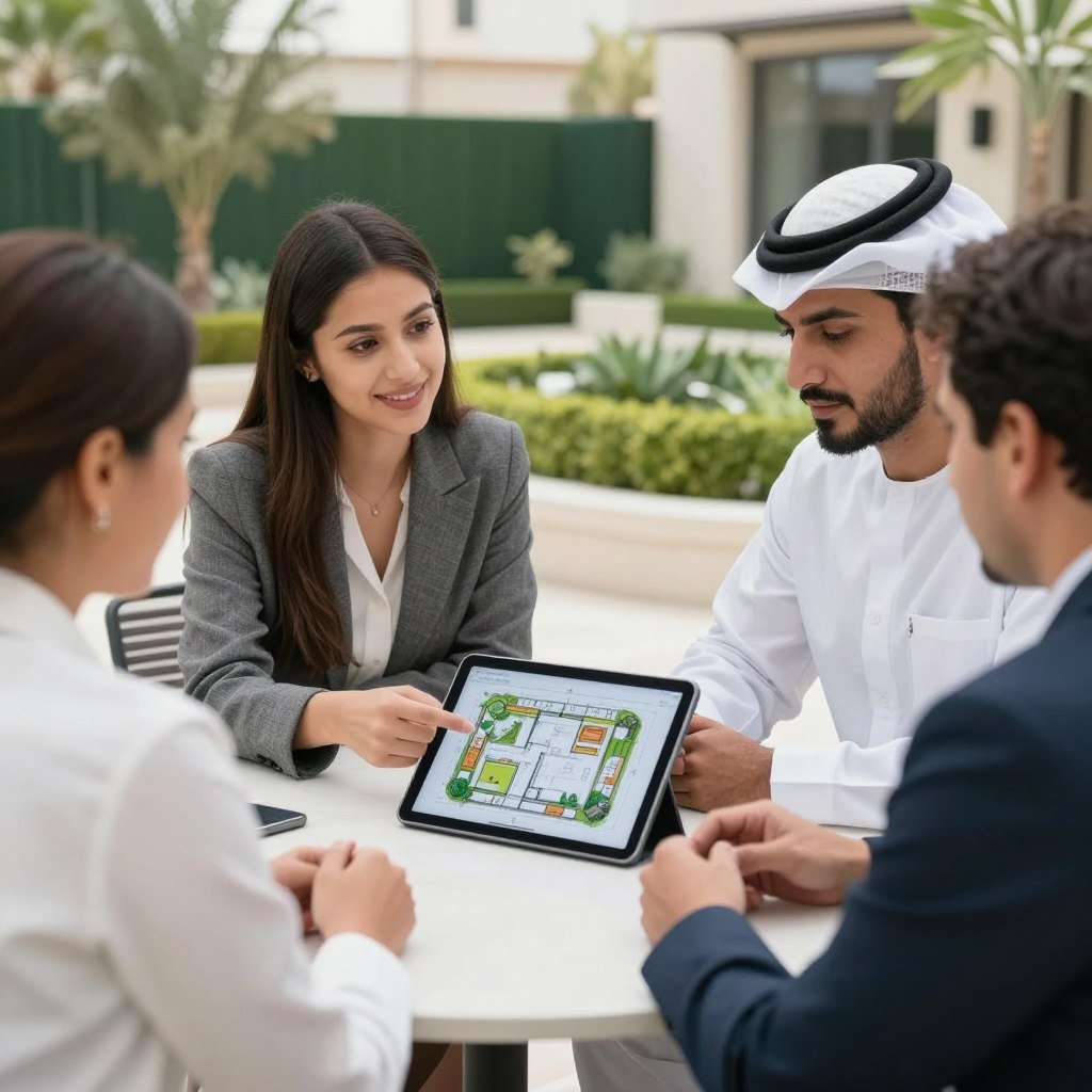 اجتماع استشاري بين عميل وشركة تنسيق حدائق محترفة اجتماع استشاري بين عميل وشركة تنسيق حدائق محترفة