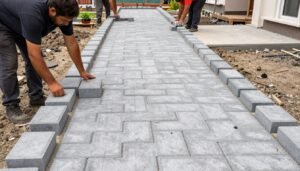 تركيب بلاط متداخل في ممر حديقة منزلية