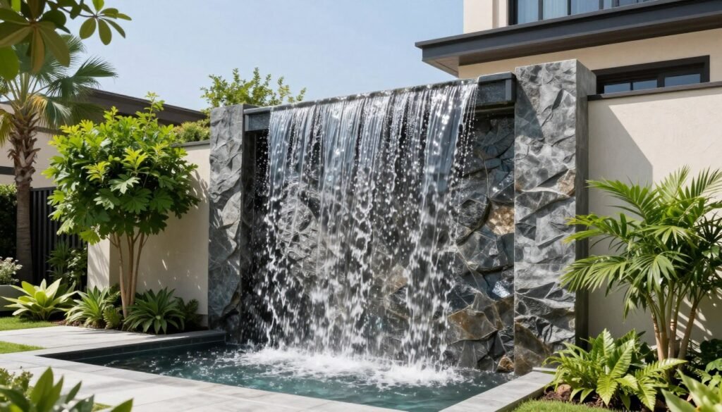 تصميم شلالات منزلية حديثة في حديقة فاخرة بالكويت