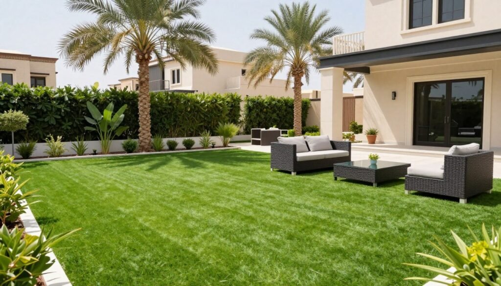 الثيل الصناعي في الكويت: دليلك الشامل لاختيار وتركيب العشب الصناعي 1 ثيل صناعي أخضر جميل في حديقة منزل كويتي حديث