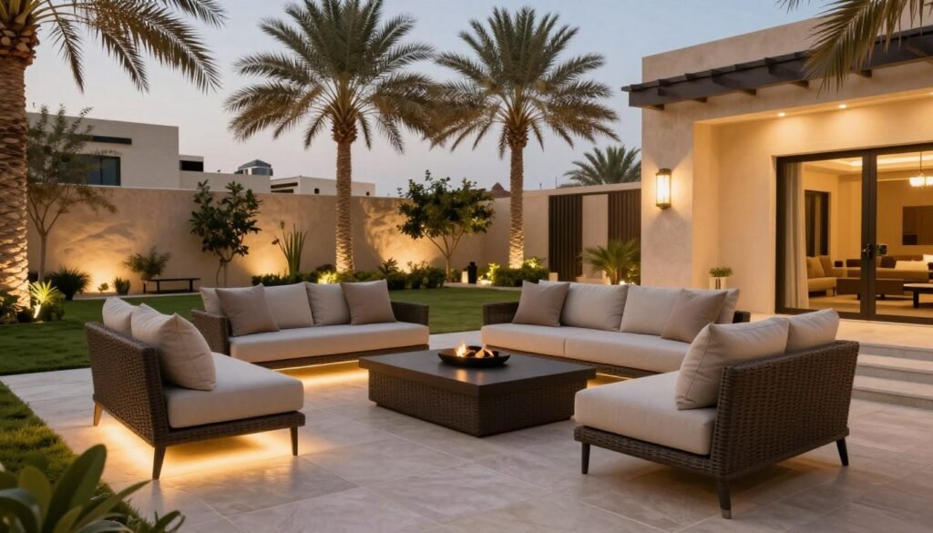 جلسات خارجية فخمة في حديقة فيلا كويتية مع أثاث خارجي مودرن وإضاءة ليلية