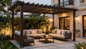 جلسة خارجية أنيقة في حديقة منزلية كويتية جلسة خارجية أنيقة في حديقة منزلية كويتية