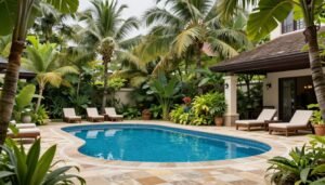 حديقة جميلة حول حمام سباحة مع نباتات استوائية حديقة جميلة حول حمام سباحة مع نباتات استوائية