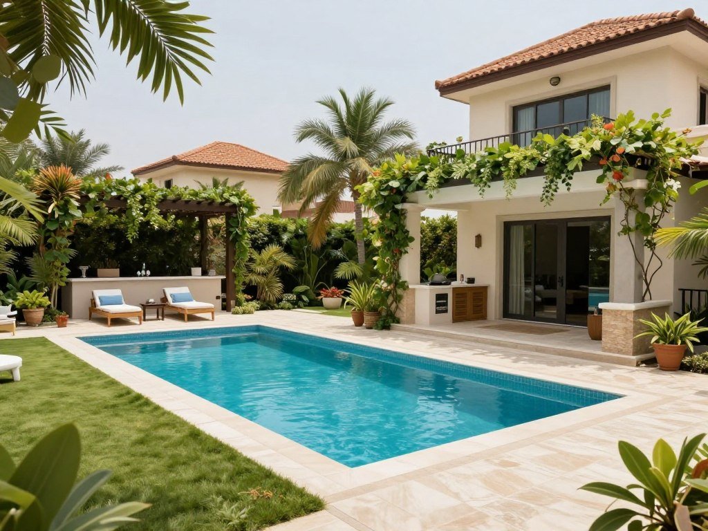حديقة خلفية فاخرة مع مسبح حديقة خلفية فاخرة مع مسبح