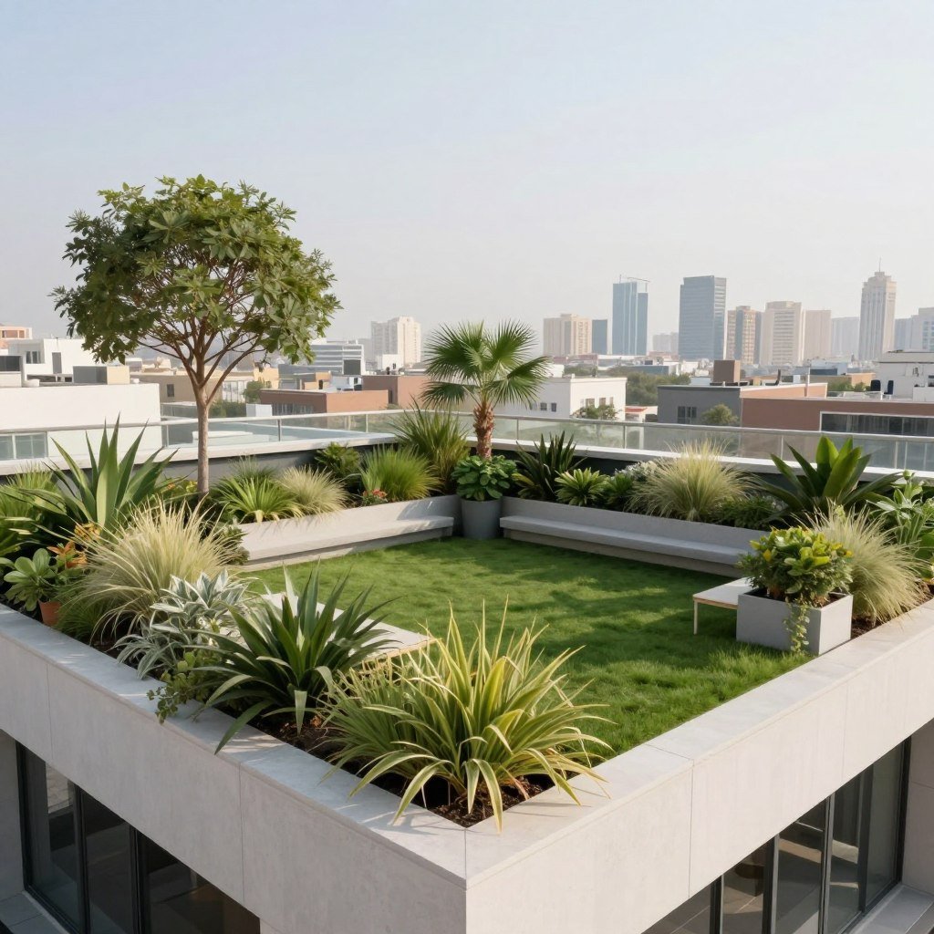 حديقة سطح مع تيل طبيعي ونباتات في أصص