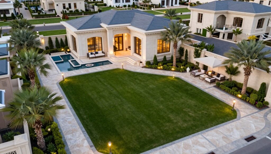 حديقة فيلا فاخرة مع تصميم متكامل وتيل طبيعي