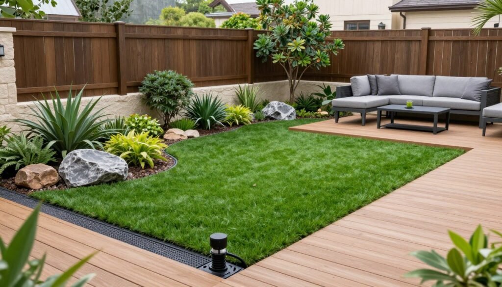 حديقة متكاملة تجمع بين الثيل الصناعي وعناصر التنسيق المختلفة