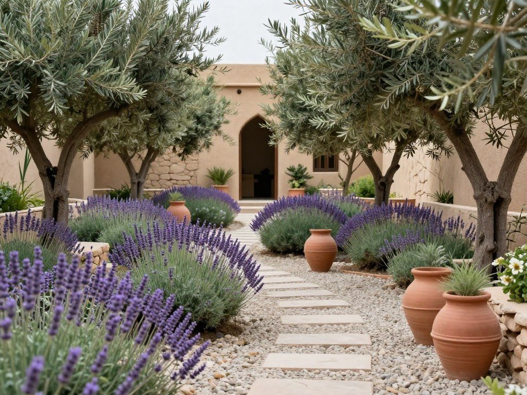 حديقة متوسطية بأعشاب عطرية وزيتون حديقة متوسطية بأعشاب عطرية وزيتون