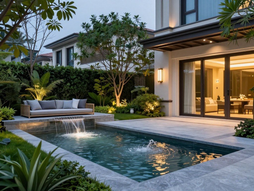 حديقة منزل فاخرة مع شلال ونباتات طبيعية في الكويت