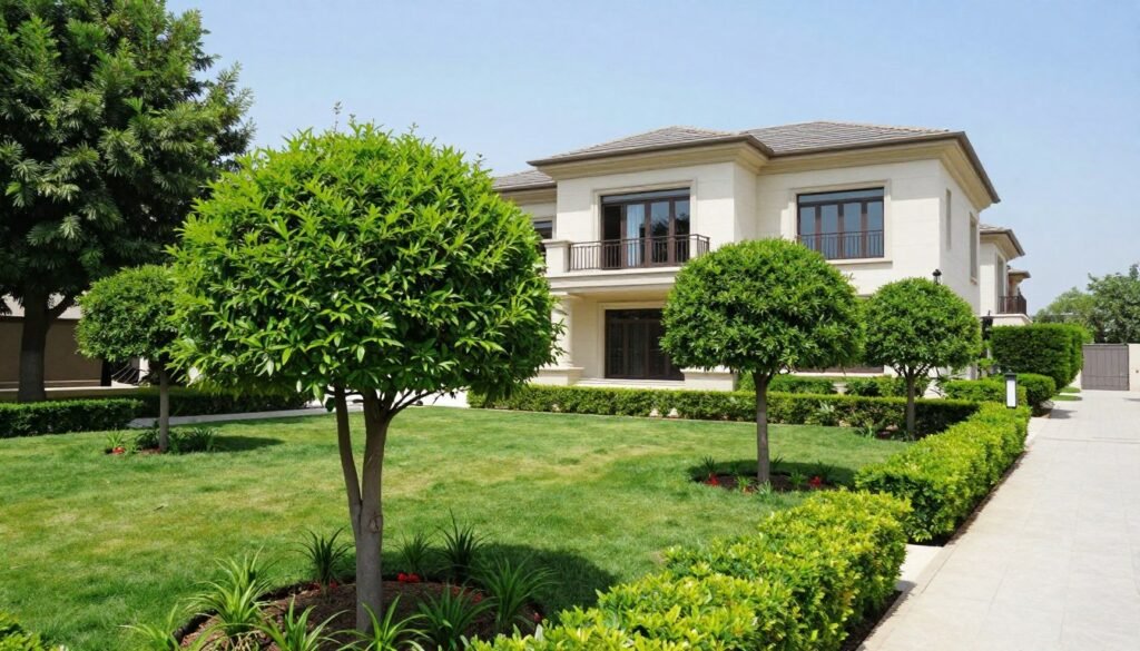 حديقة منزل كويتية جميلة مع أشجار مقلمة بشكل احترافي