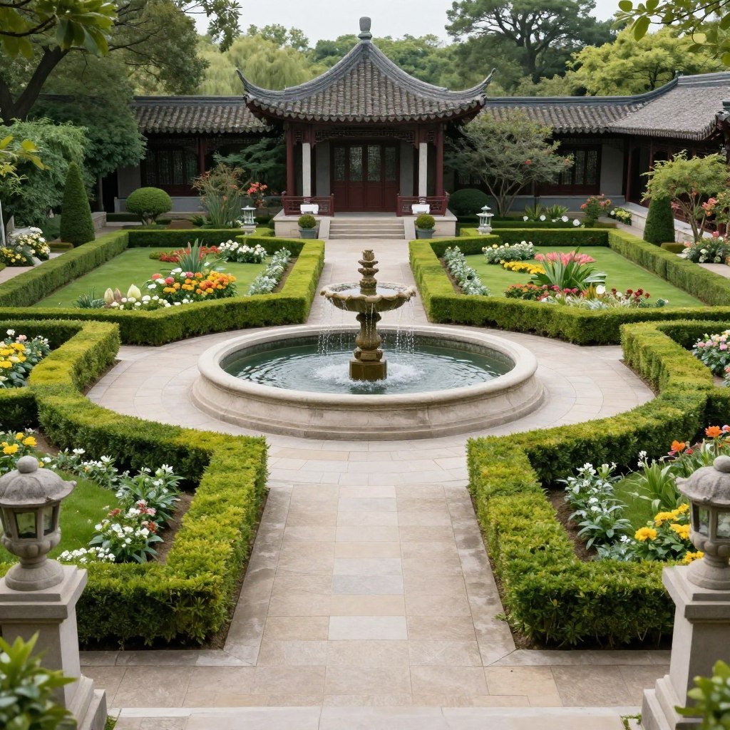 حديقة منزلية تقليدية بتصميم كلاسيكي متماثل حديقة منزلية تقليدية بتصميم كلاسيكي متماثل