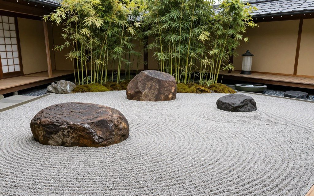حديقة يابانية بأسلوب الزن مع حجارة وماء ونباتات بسيطة حديقة يابانية بأسلوب الزن مع حجارة وماء ونباتات بسيطة
