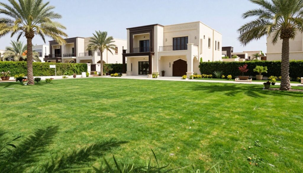 دار الروضة - تيل طبيعي: شريكك المثالي لتنسيق الحدائق في الكويت 1 دار الروضة - تيل طبيعي - حديقة منزلية جميلة مع عشب أخضر طبيعي في الكويت