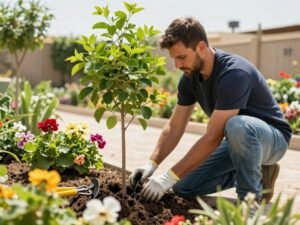 زراعة الأشجار والنباتات في حديقة بالكويت