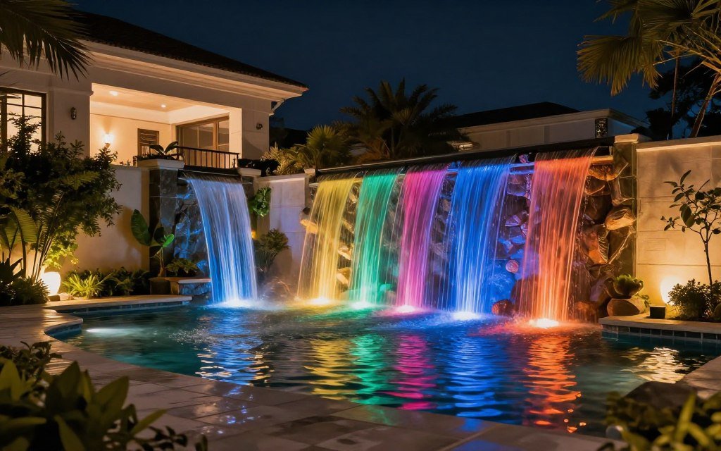 شلال حديقة ليلي مع إضاءة LED ملونة مبهرة