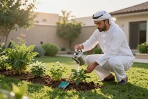 صاحب منزل يعتني بحديقته في الكويت
