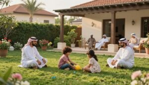 عائلة تستمتع بوقتها في حديقة منزلية جميلة