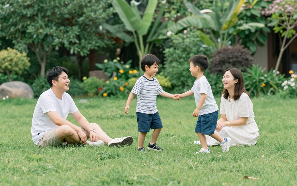 عائلة سعيدة في حديقة بالثيل الطبيعي