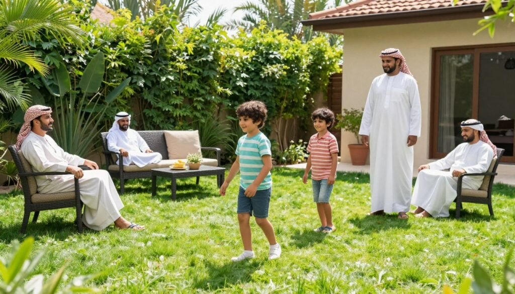 عائلة كويتية تستمتع بحديقة منزلية مع تيل طبيعي