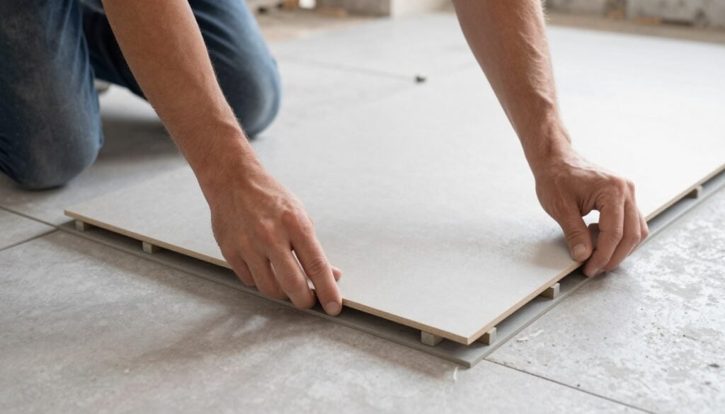عامل يقوم بتركيب البلاط باستخدام فواصل تيل
