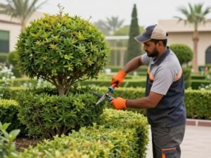 عامل يقوم بتقليم شجيرات الحديقة