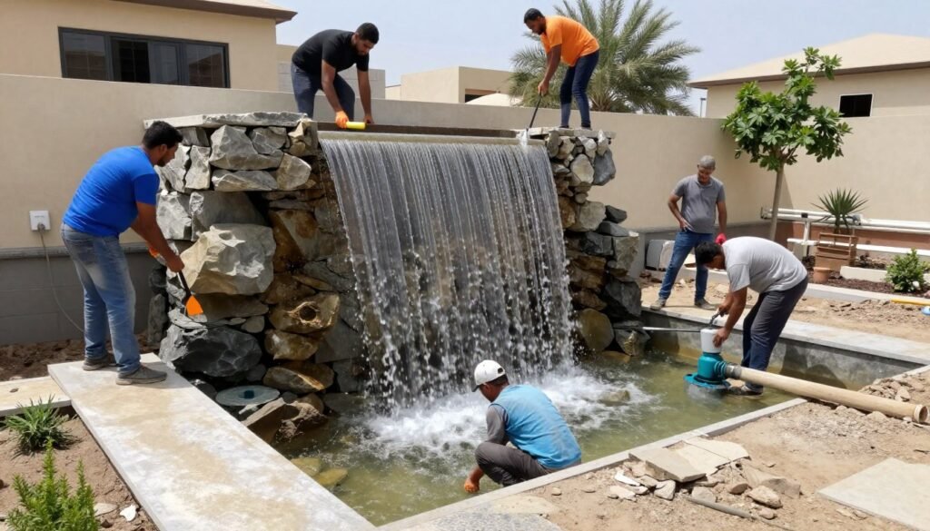 عملية تصميم وتركيب شلال في حديقة منزلية