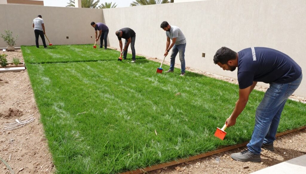 فريق دار الروضة يقوم بتركيب التيل الطبيعي بشكل احترافي