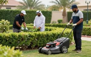 فريق صيانة حدائق دار الروضة أثناء العمل في صباح الأحمد