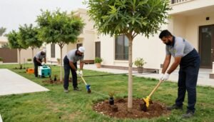 فريق عمل دار الروضة أثناء تنسيق حديقة في السالمية