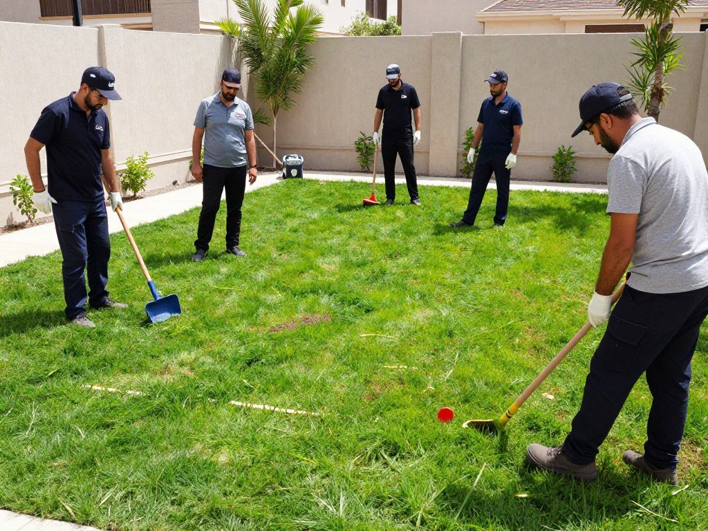 فريق عمل دار الروضة المحترف في تنسيق الحدائق وتركيب التيل الطبيعي