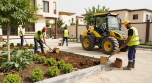 فريق عمل دار الروضة لتنسيق الحدائق في موقع العمل