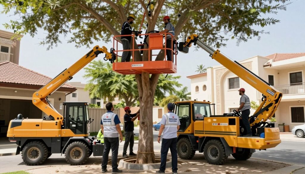 فريق محترف من دار الروضة يعمل على تقليم شجرة كبيرة بمعدات متخصصة