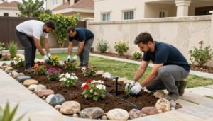 فريق محترف يقوم بتنسيق حديقة منزلية فريق محترف يقوم بتنسيق حديقة منزلية